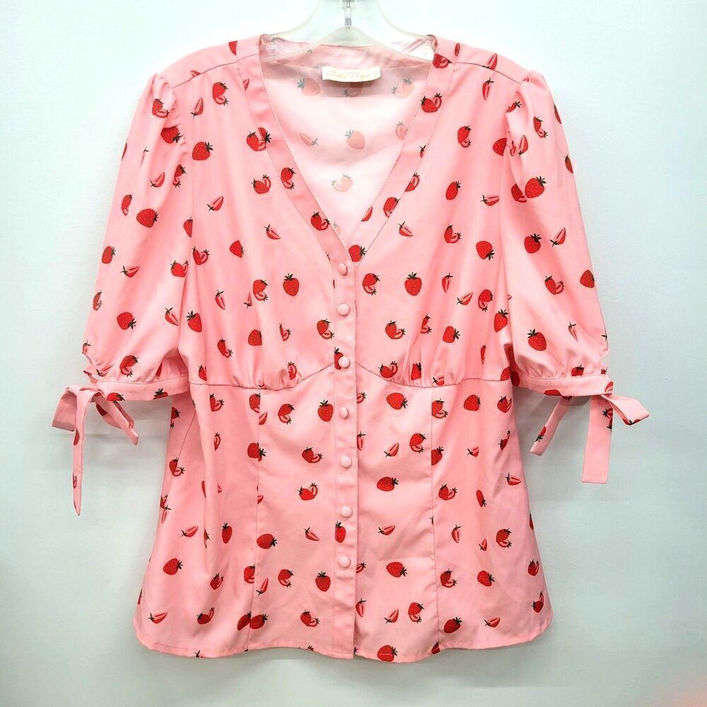 Strawberry Vintage Style Puff Sleeve Blouse Belle Poque V Neck Puff Sleeve